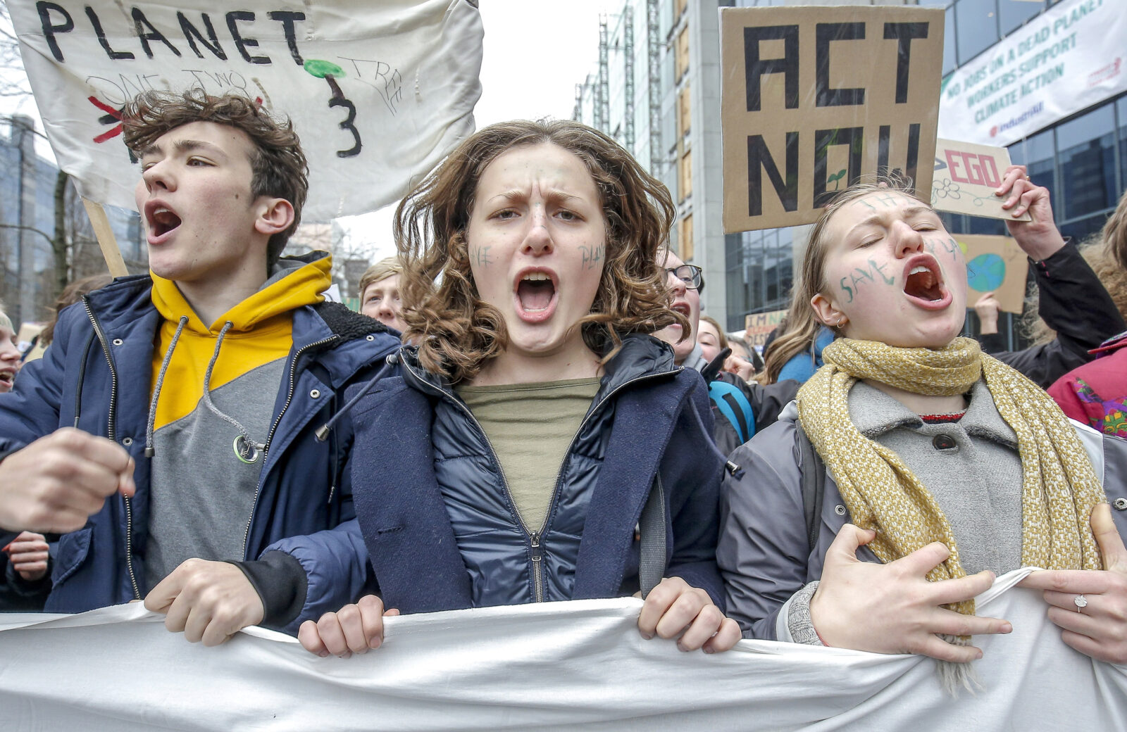 Students take part in a demonstration against climate change in Brussels, Belgium, 15 March 2019. Students across the world are taking part in a massive global student strike movement called #FridayForFuture which was sparked by Greta Thunberg of Sweden, a sixteen-year-old climate activist who has been protesting outside the Swedish parliament every Friday since August 2018.